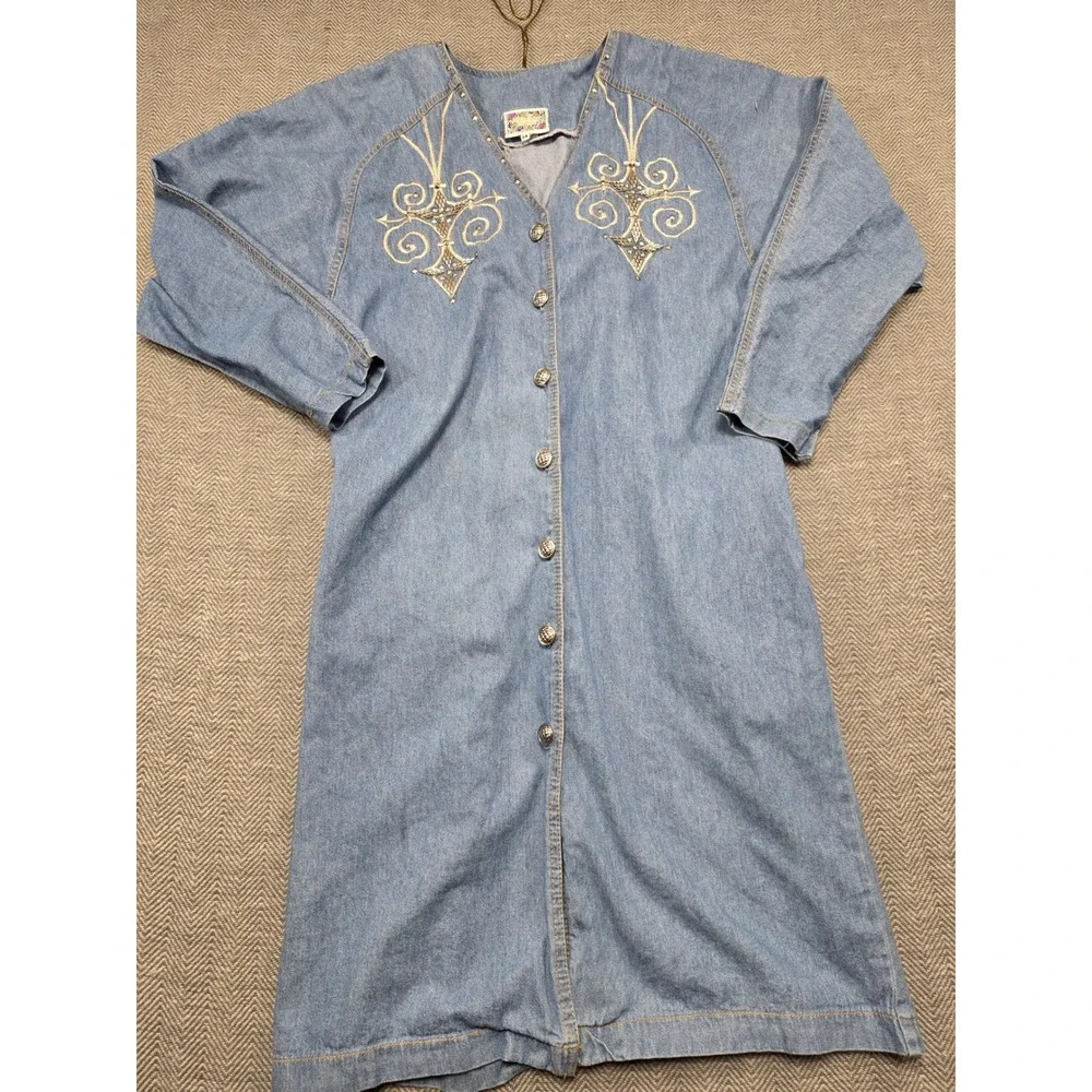 Monique Fashions Vintage Denim Duster Dress Studded Embroidered Light Wash Sz 14